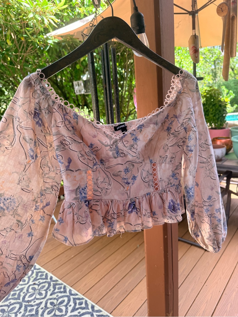 Express Cream Off-Shoulder Blouse with Blue Floral Print - Picture 2 of 7